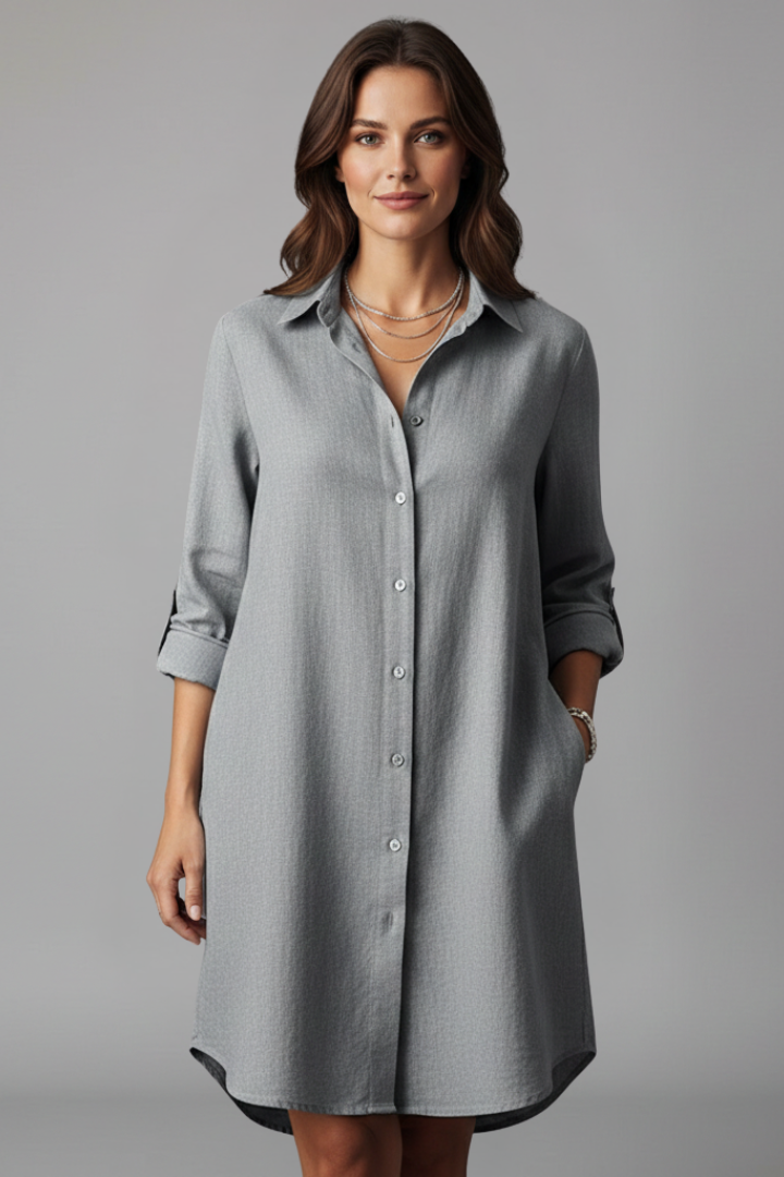 Everyday women's collared shirt dress, effortless button-front style, comfortable & fashionable for various settings.