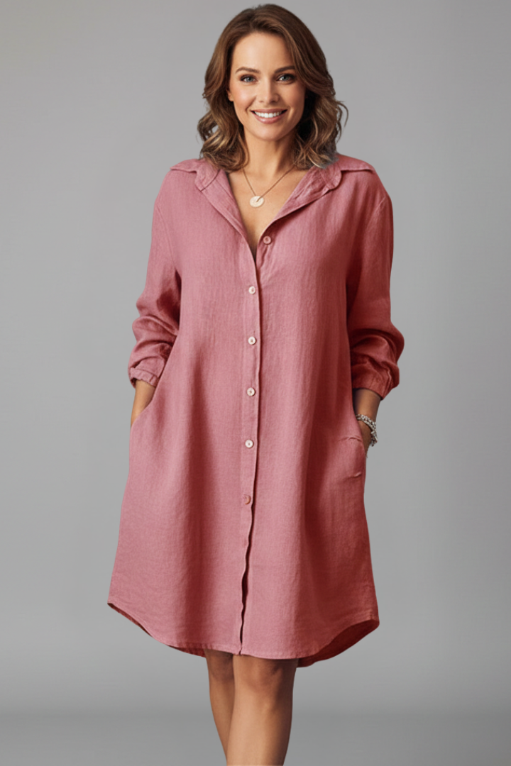 Chic long-sleeve button-front shirt dress for women, with a turned collar, a must-have for summer and work.