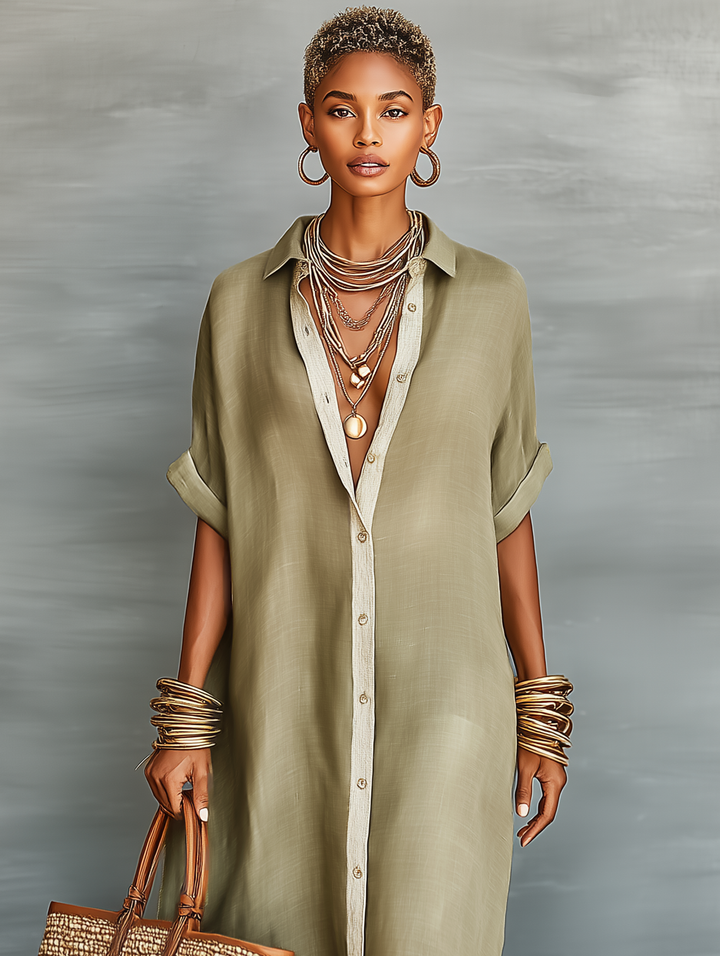 Women's Effortless Collared Button Front Maxi Shirt Dress, oversized & comfortable for everyday wear.