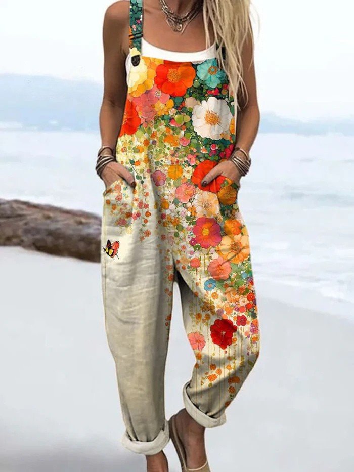 Women's effortless floral wide-leg sleeveless jumpsuit. Multicolor for summer casual wear or vacation outfits.