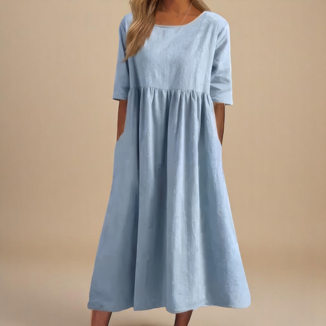 Effortless women's midi dress, half-sleeve, gathered waist design. Ideal for summer casual & everyday wear.