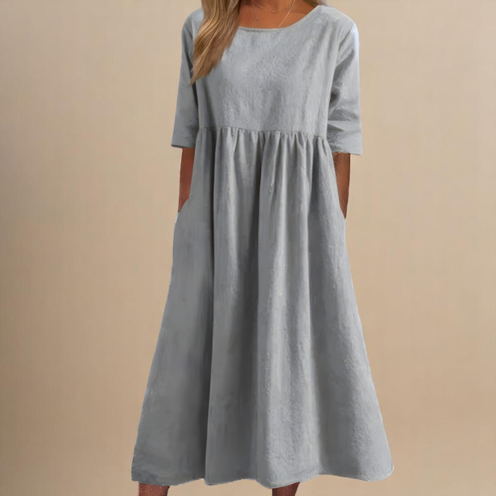 Soft women's gathered waist midi dress, half-sleeve, scoop neck. Great comfortable casual summer attire.