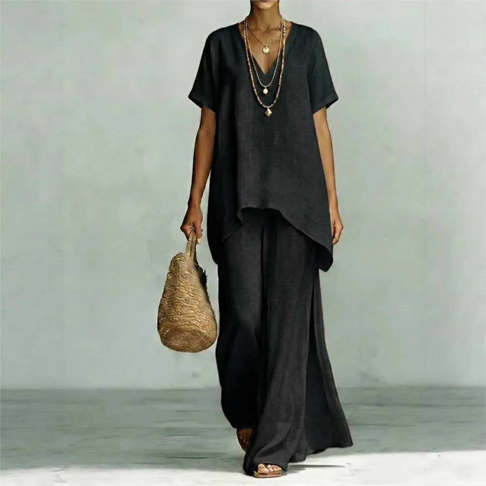 Elegant linen blend two-piece set for women, ideal for beach vacations & summer outfits.