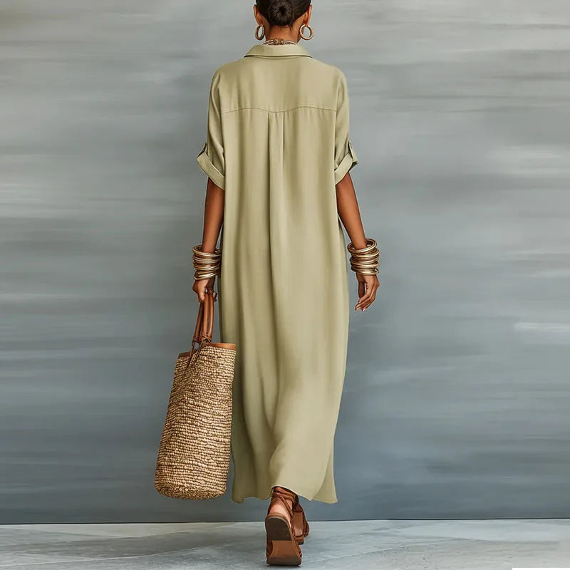 Elegant women's maxi shirt dress, button-down with short sleeves, perfect for warm weather.
