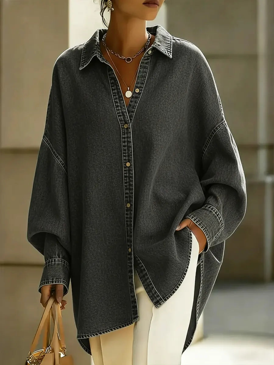 Casual women's long sleeve button-front shirt with a relaxed loose fit, ideal for effortless everyday fashion.