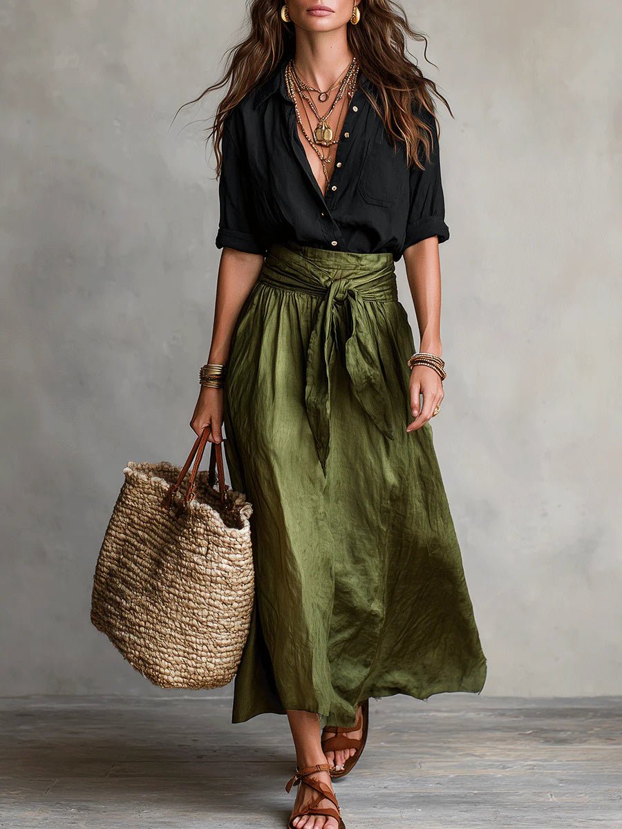 Women's effortless maxi skirt set, two-piece with a button-front blouse & tie-waist flowing skirt. Perfect for summer.