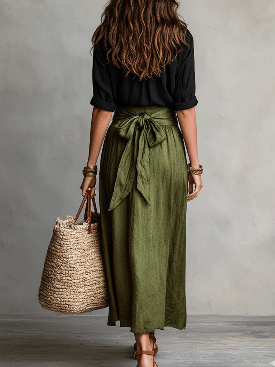 Relaxed fit women's maxi skirt set with button-front top & tie waist. Ideal for casual outings, brunch or vacation.