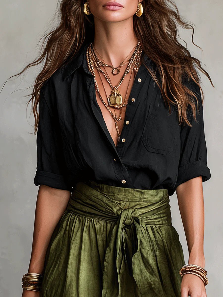 Flowing women's maxi skirt set, a two-piece outfit with a stylish button-front blouse & comfortable tie-waist design.