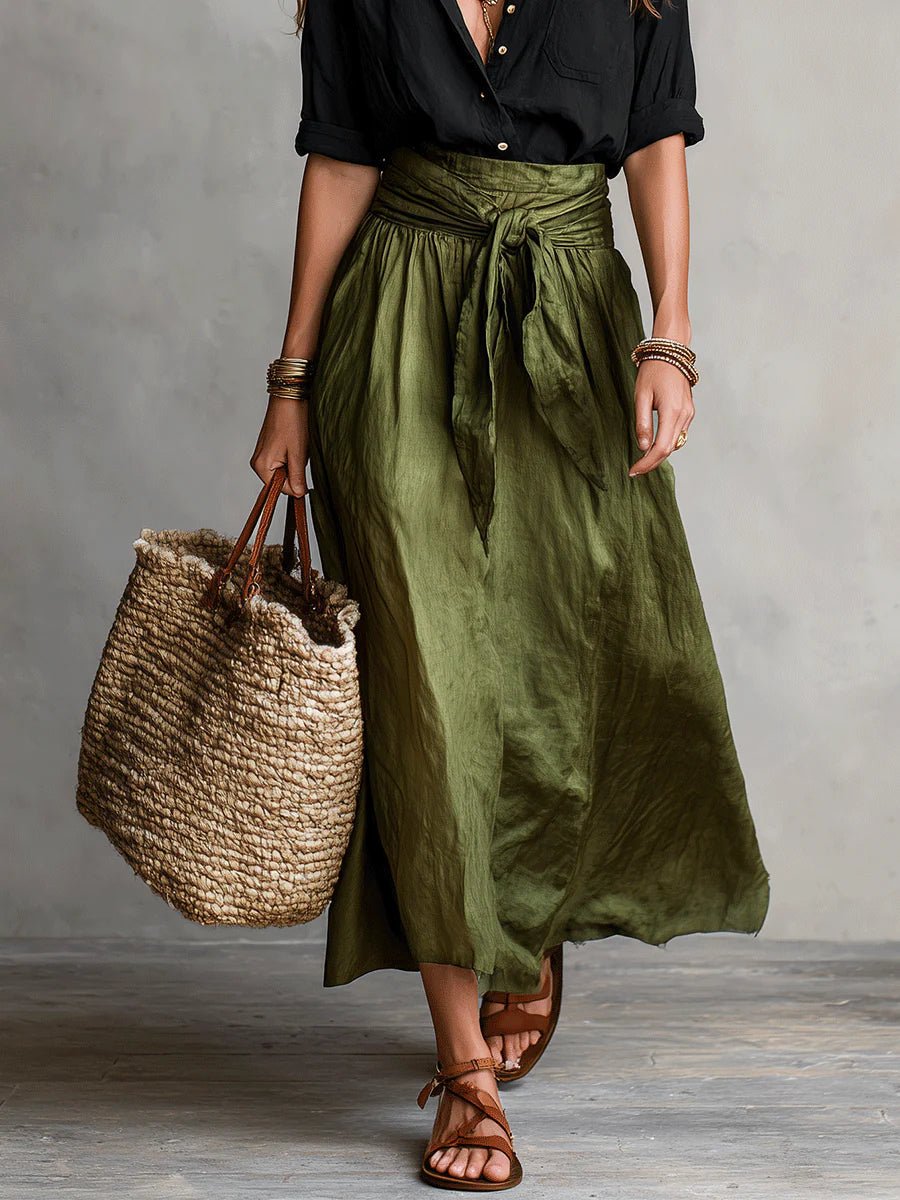 Versatile women's maxi skirt & blouse set with a button-front and tie-waist. Perfect for summer, casual or vacation.