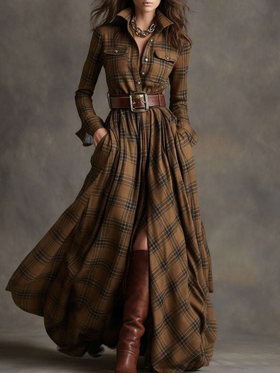 Stylish women's long sleeve plaid maxi shirt dress featuring a classic button-down front & elegant pleated skirt.