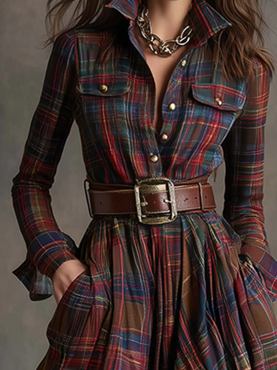 Comfortable women's belted plaid maxi shirt dress, perfect for casual everyday wear & effortless fall fashion.