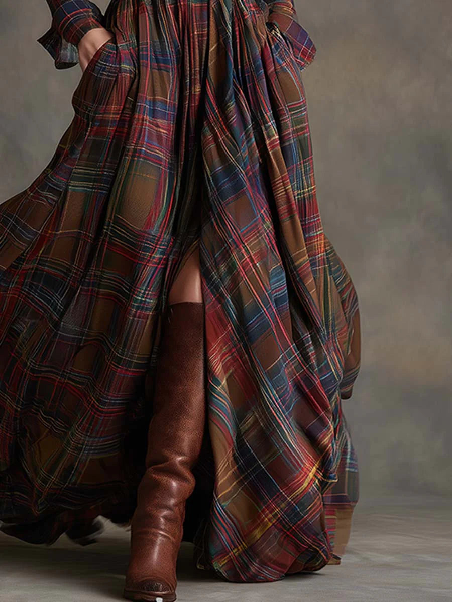 Effortless women's plaid maxi dress with a flattering tie-waist and breezy flow, ideal for a chic casual look.