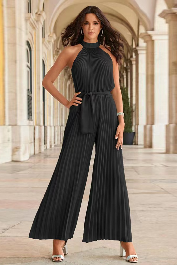 Elegant women's pleated jumpsuit, a chic one-piece ideal for evening wear or sophisticated occasions.