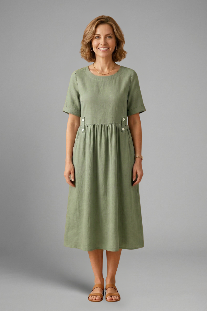 Effortless women's midi dress, round neck, short sleeve, and loose fit for ultimate comfort.
