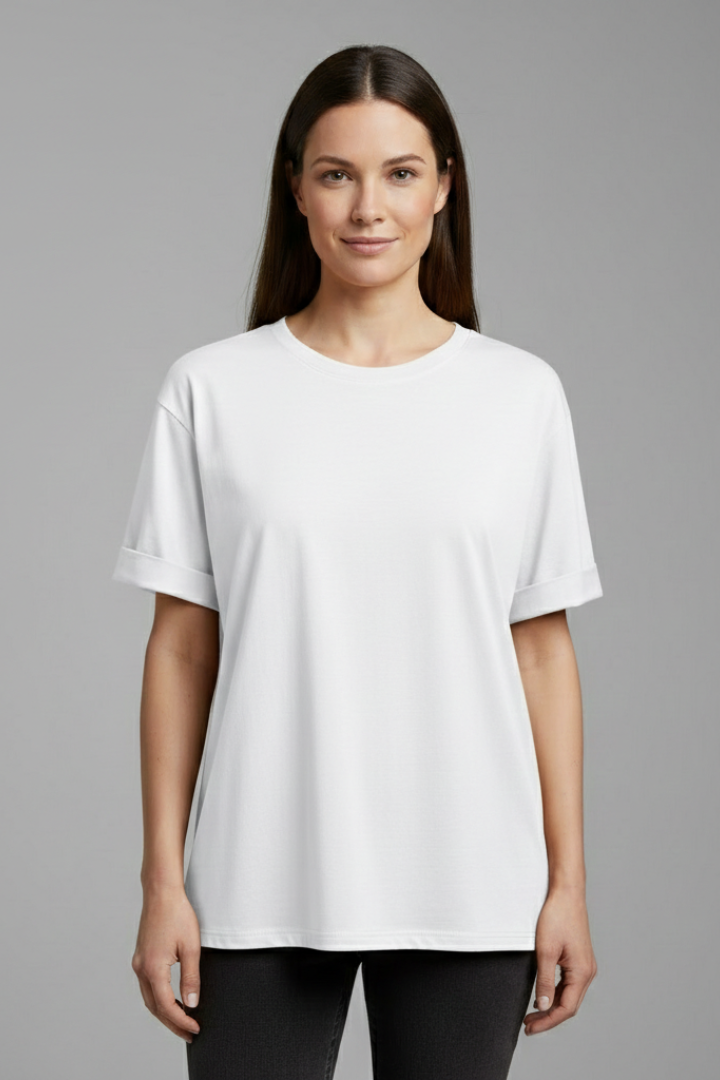 Stylish women's fashion tee, a comfortable round neck t-shirt with elegant rolled short sleeves for versatile looks.