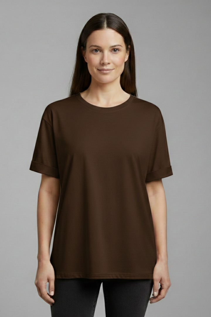 Soft, comfortable women's round neck t-shirt with rolled short sleeves for relaxed fit, effortless everyday wear.