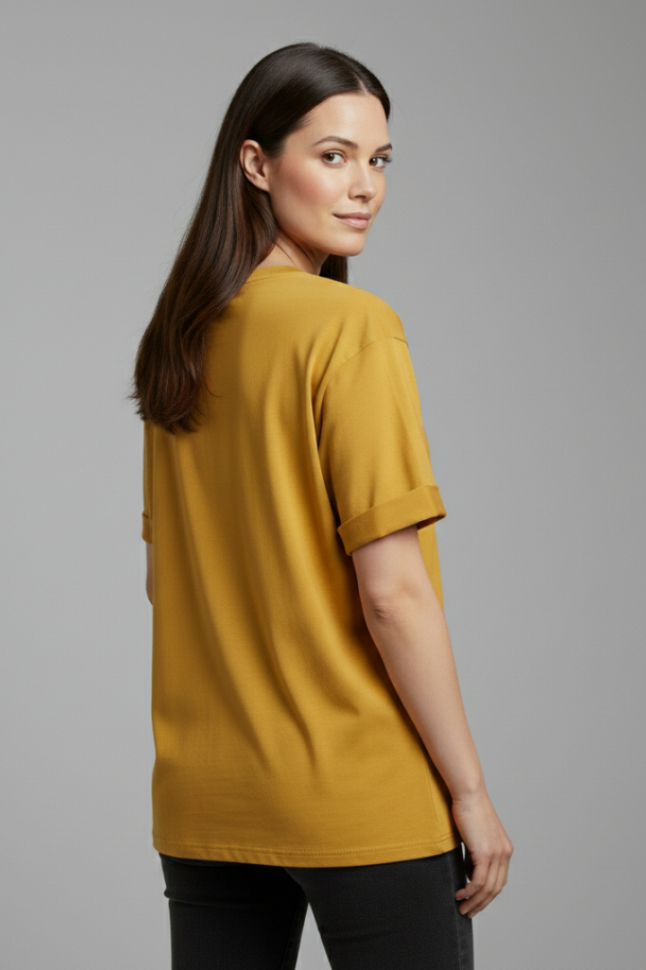 Classic round neck women's t-shirt with stylish rolled short sleeves, perfect for a relaxed fit casual summer look.