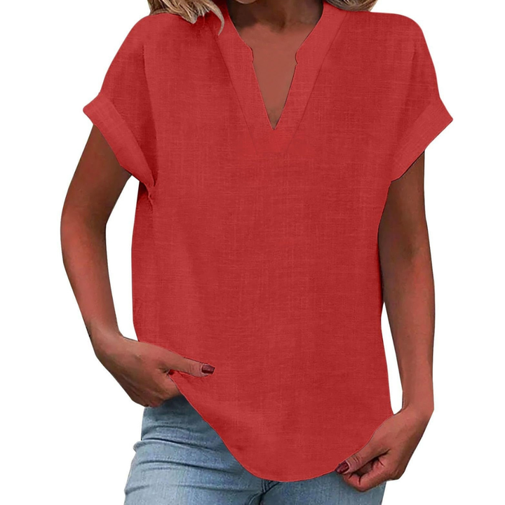 Effortless V-neck loose fit blouse, a comfortable summer top for women.