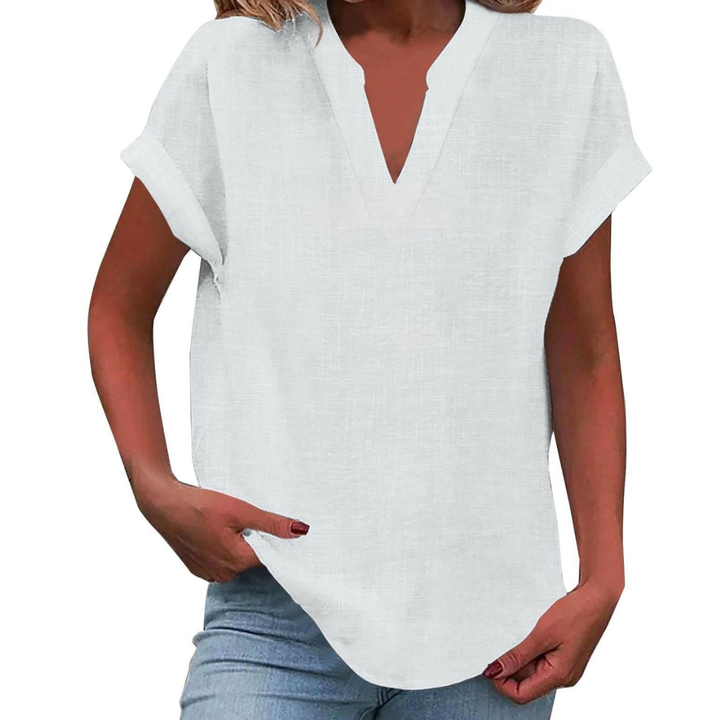 Women's V-neck loose fit blouse, a lightweight short sleeve summer top.