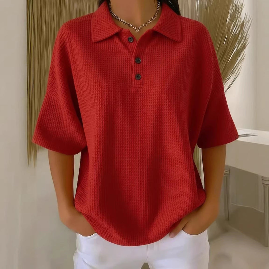Women's effortless waffle knit polo blouse, short sleeve, loose fit, perfect for casual spring/summer wear.
