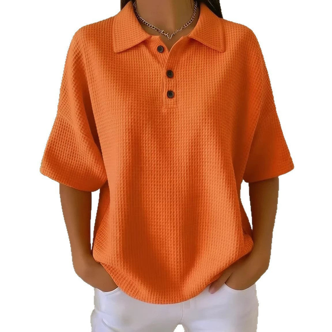 Casual women's short sleeve waffle knit polo top, loose fit for effortless everyday wear in warm seasons.