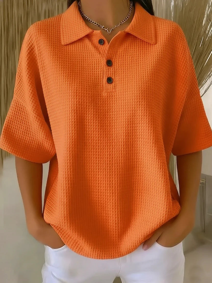 Women's casual short sleeve polo blouse in waffle knit, featuring a comfortable loose fit and button neck.