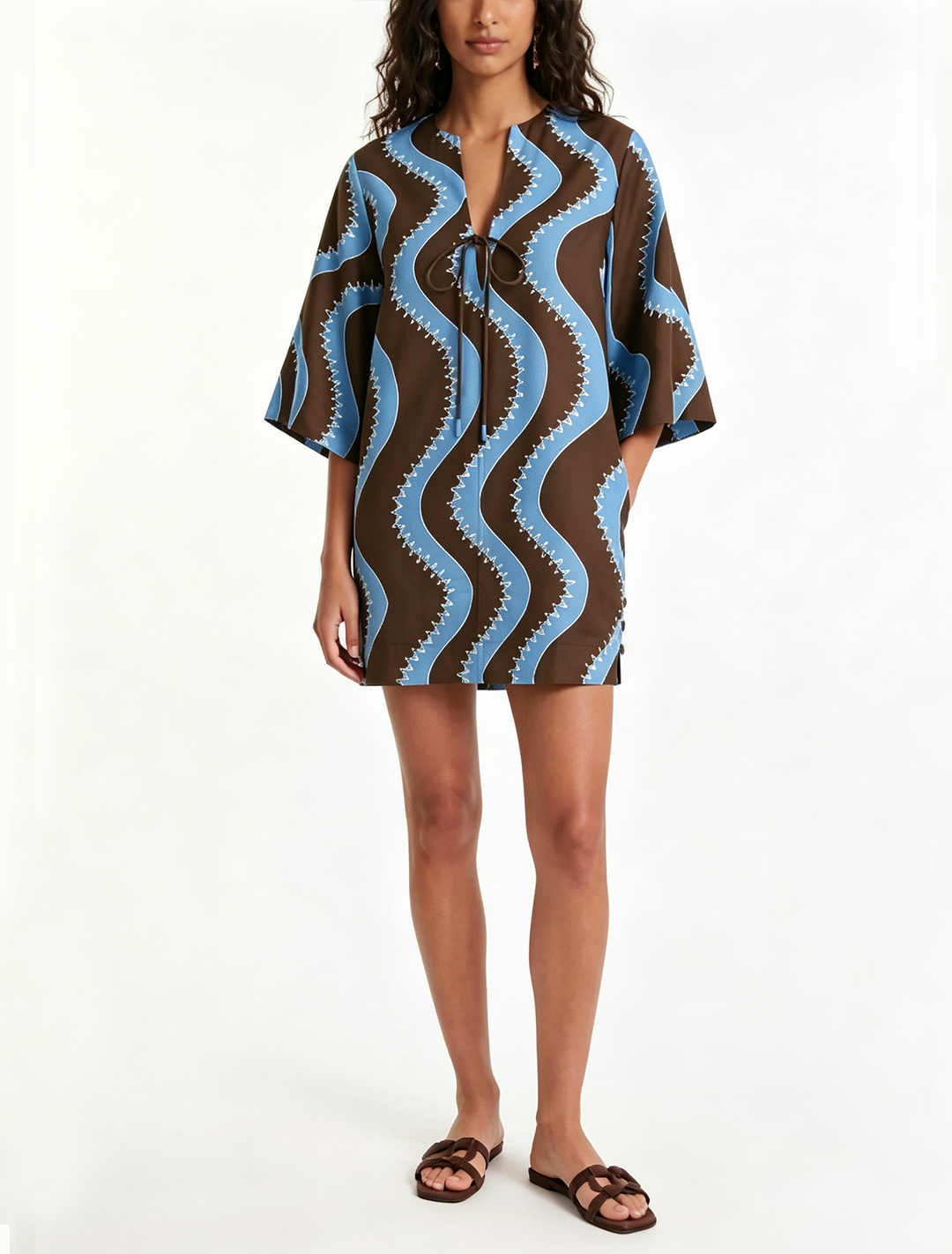 Women's Effortless Wave Print Mini Dress, collared style with button front, perfect for summer casual wear.