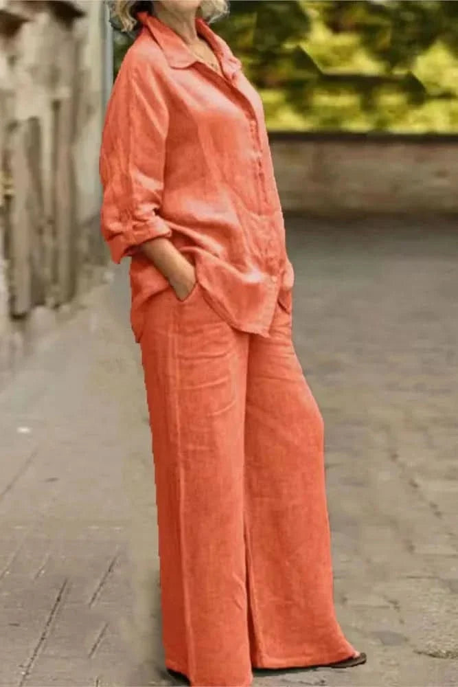 Women's effortless wide leg matching set. Comfortable two-piece lounge outfit, perfect for casual wear, summer, or travel.