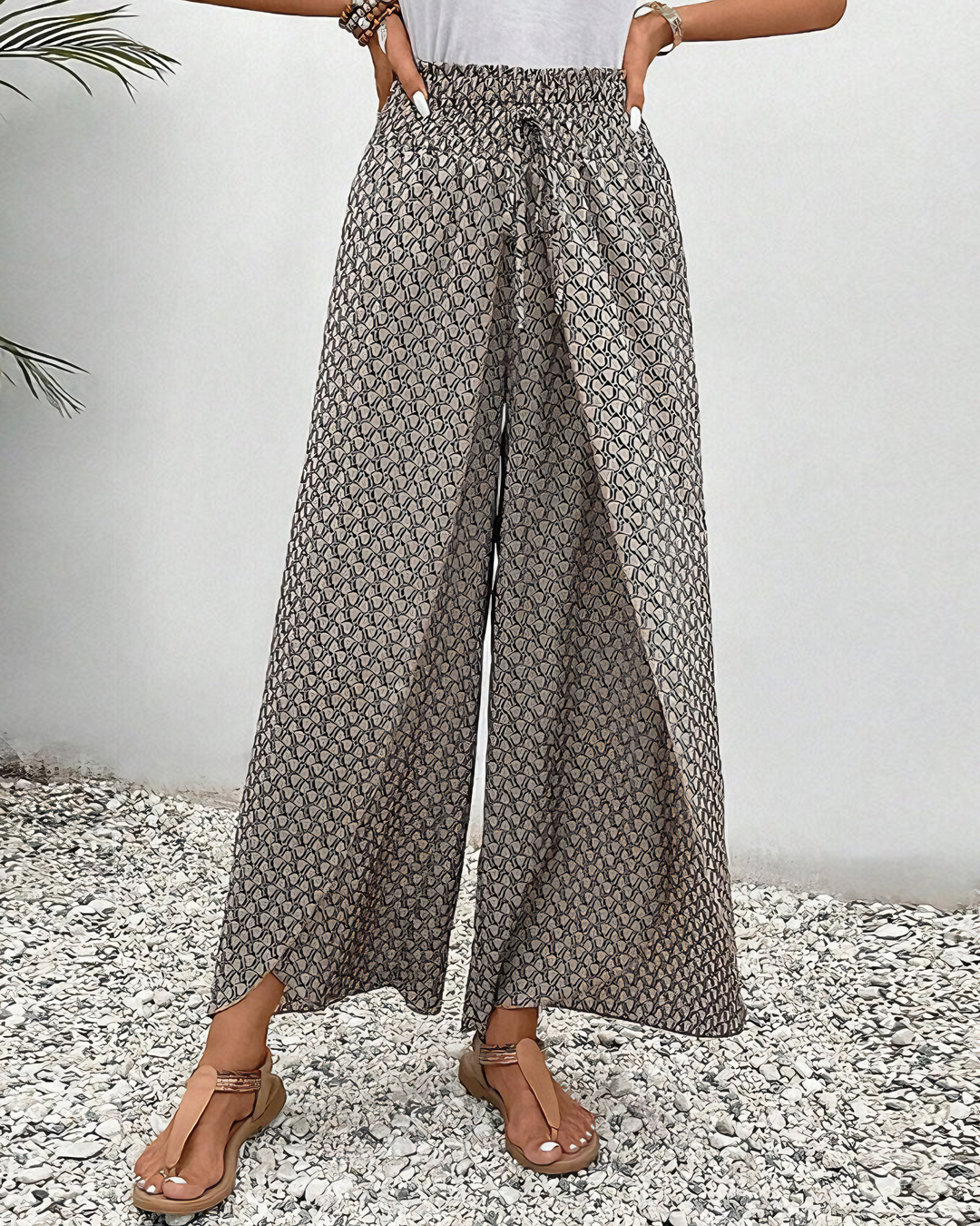 Bohemian style women's wide-leg pants, offering comfortable, flowy elegance for summer fashion & versatile wear.