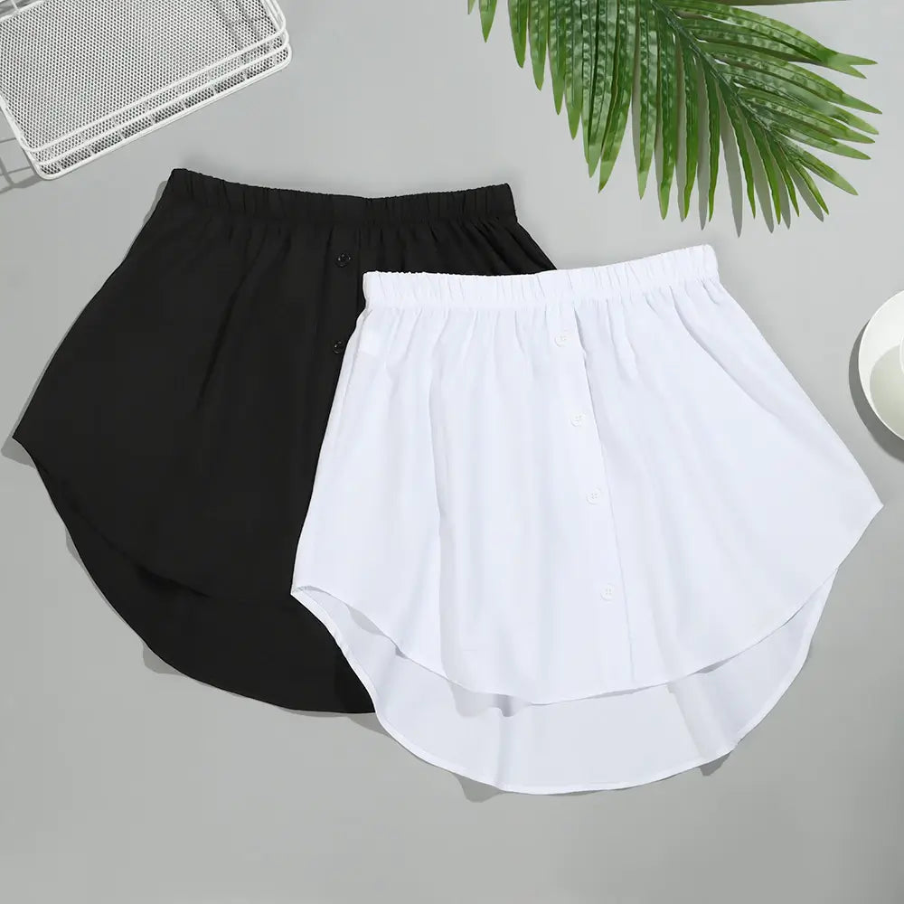 Fashionable long top shirt extender with elastic waist for women, enhancing casual wear.