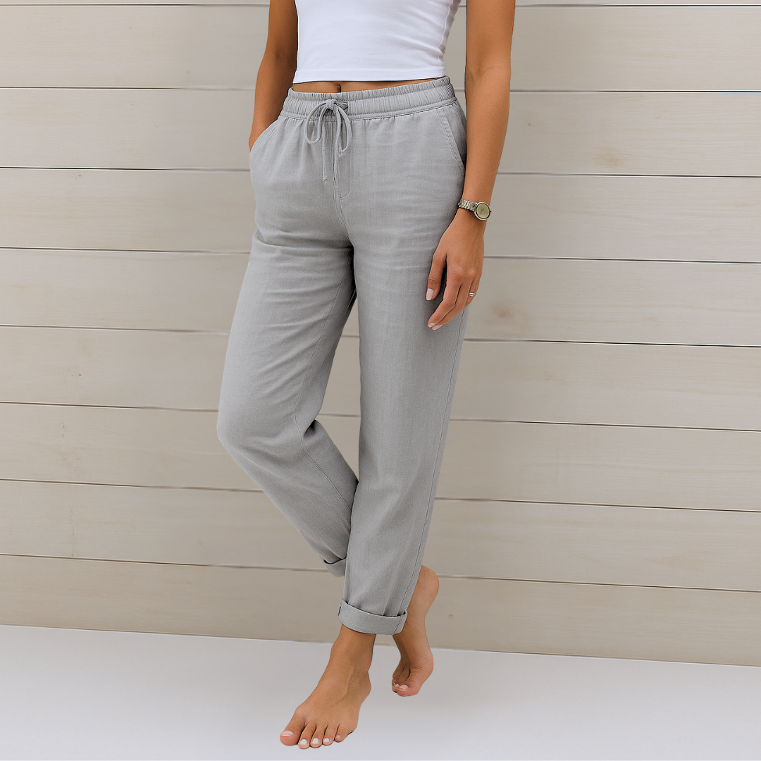 Soft women's straight leg pants with elastic waist and ankle length, designed for comfortable everyday wear.