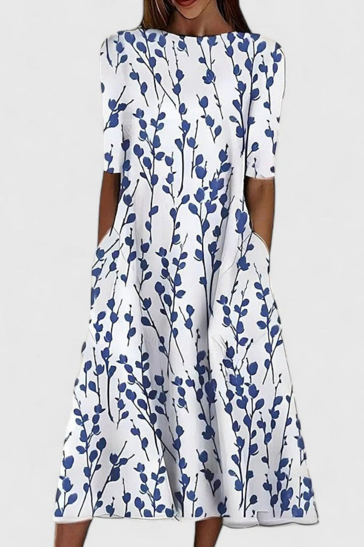 Beautiful women's A-line midi dress, short sleeve design. A perfect elegant cocktail & occasion dress.