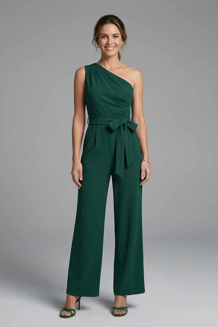 Chic women's wide leg jumpsuit, sleeveless design with a modern asymmetric neck.