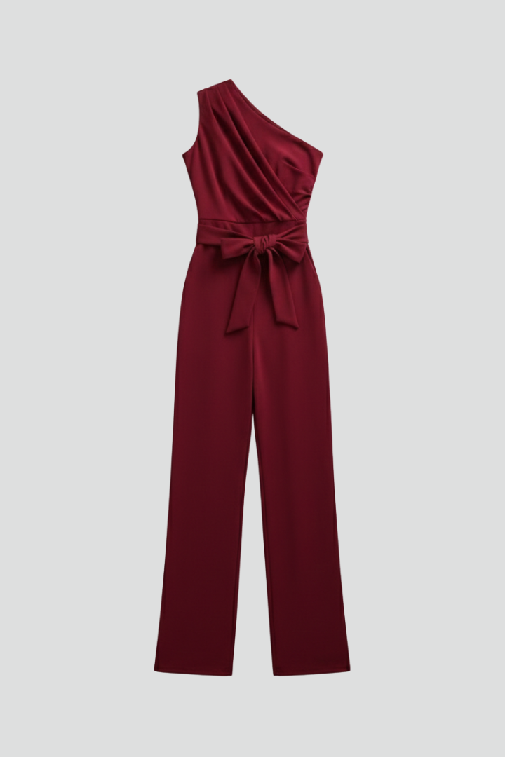 Sleeveless women's jumpsuit featuring an asymmetric neckline, wide leg, and a sophisticated waist belt.