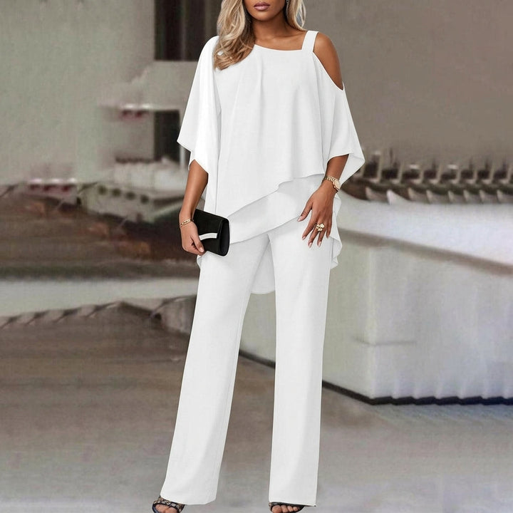 Chic women's two-piece pant set featuring an elegant asymmetric top and comfortable straight leg pants.