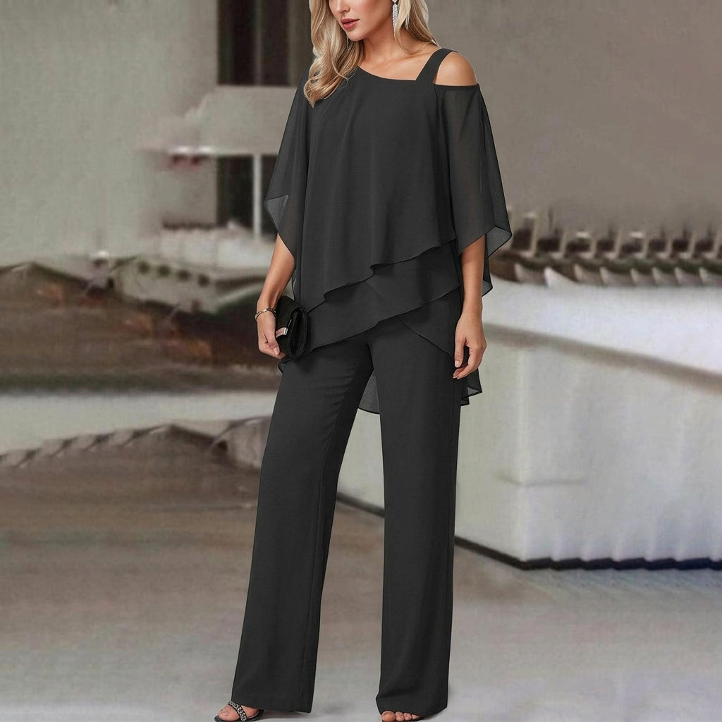Women's versatile fashion: elegant asymmetric tunic and straight leg pant set, ideal for casual chic style.