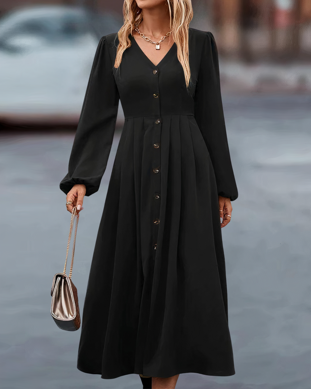 Women's long sleeve autumn maxi dress with elegant button-front design and V-neck, a versatile fall outfit.
