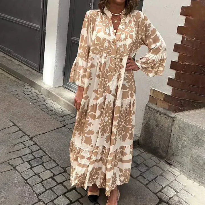 Women's elegant Baroque print boho maxi dress with lantern sleeves & button-down front, perfect for summer.