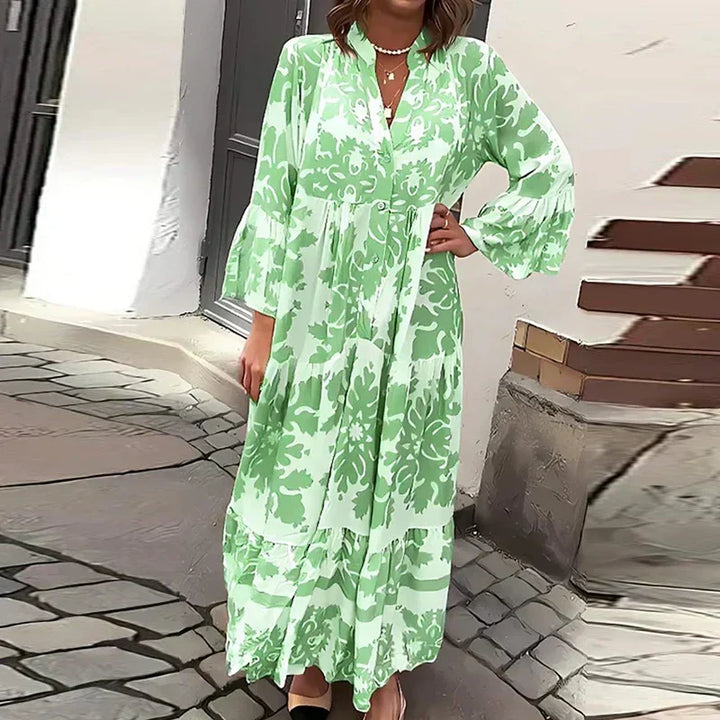 Boho-chic women's maxi dress: Baroque print, lantern sleeves, flowy silhouette & classic button-down front.