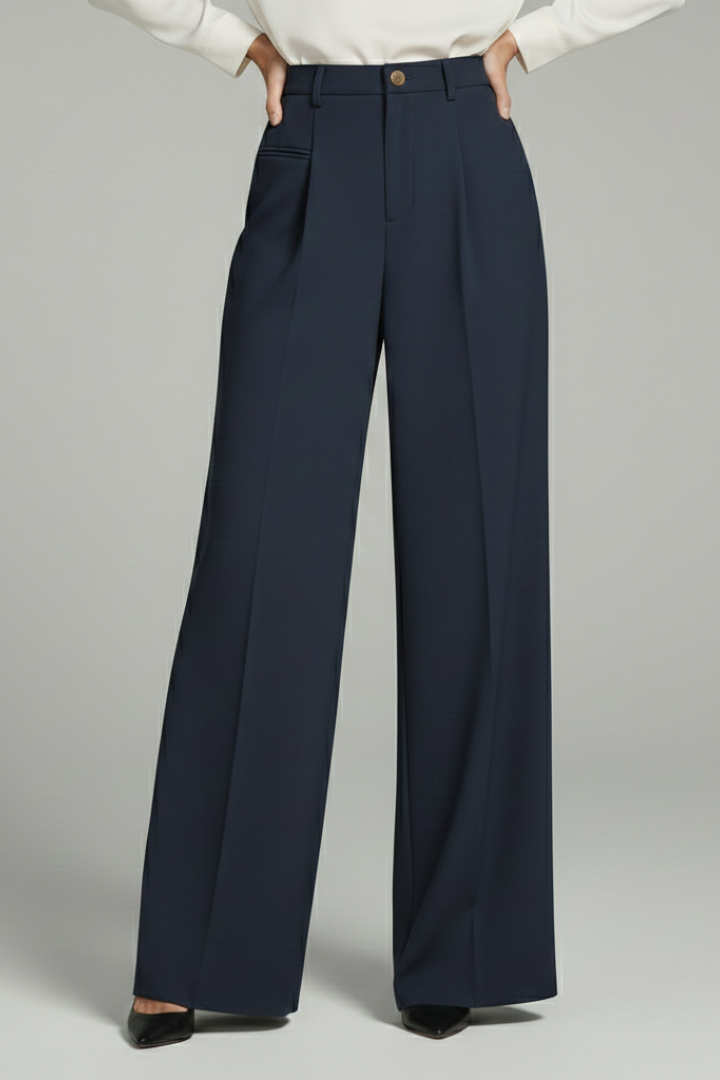 Comfortable high-waisted pleated palazzo trousers for women, showcasing a modern wide-leg silhouette.