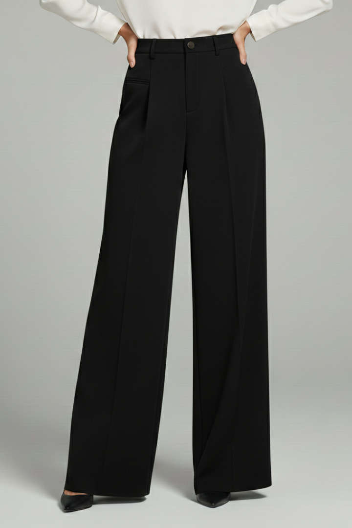 Detail of pleats and pockets on women's chic palazzo trousers, highlighting quality and style.