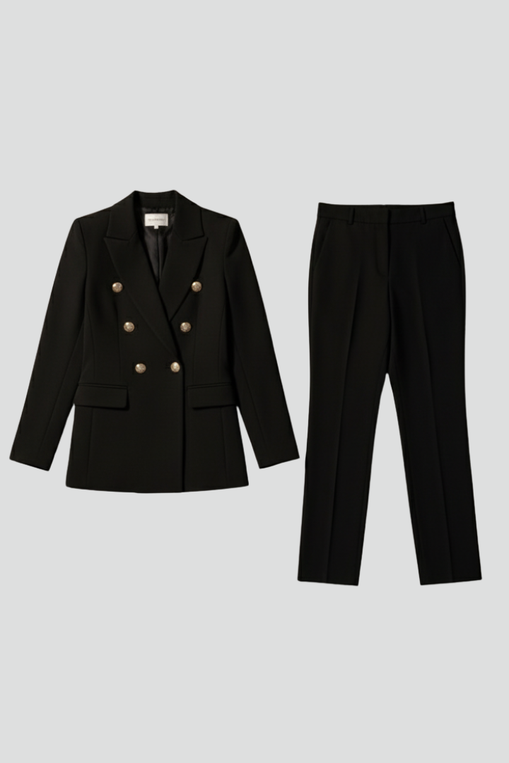 Women's elegant blazer & straight trousers suit set. Perfect for office wear, professional fashion, & business attire.