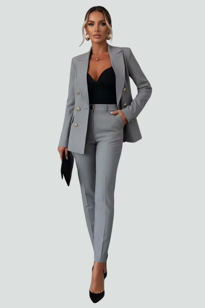 Navy women's blazer set with straight leg trousers. Essential business attire, professional fashion & formal wear.