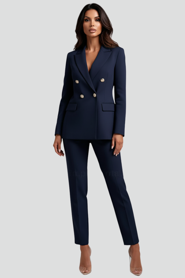 Grey women's elegant blazer & straight trousers suit set. Perfect for professional fashion, office & versatile business wear.
