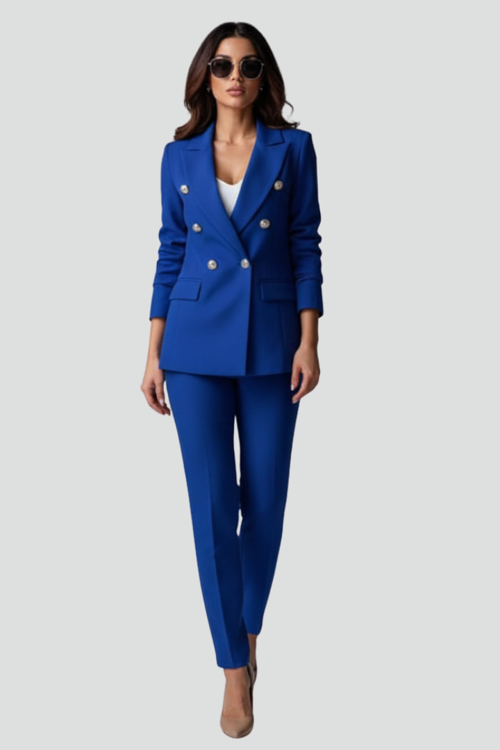 Detail of a double-breasted blazer & straight trousers, from a women's elegant professional suit set.