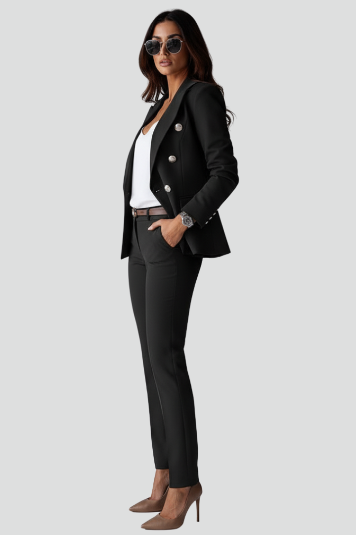 Stylish straight-leg trousers, part of a women's elegant blazer suit set. Great for professional office & business attire.