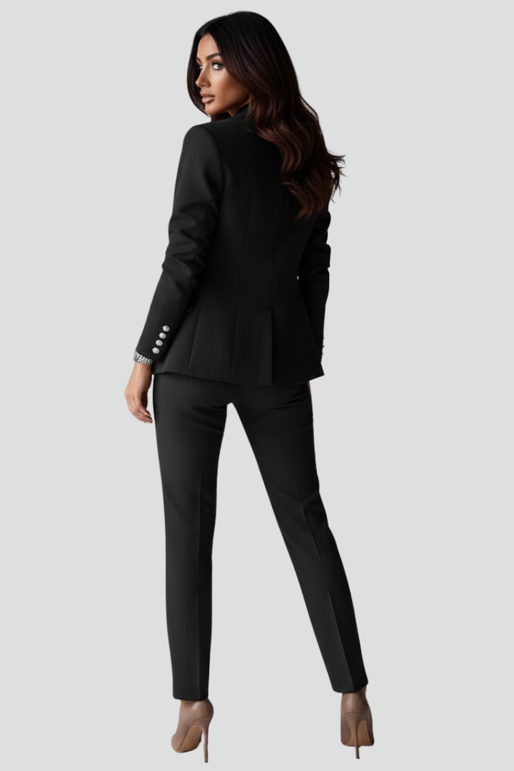 Full view of a women's versatile blazer and straight trousers suit. Professional fashion for business attire & formal wear.