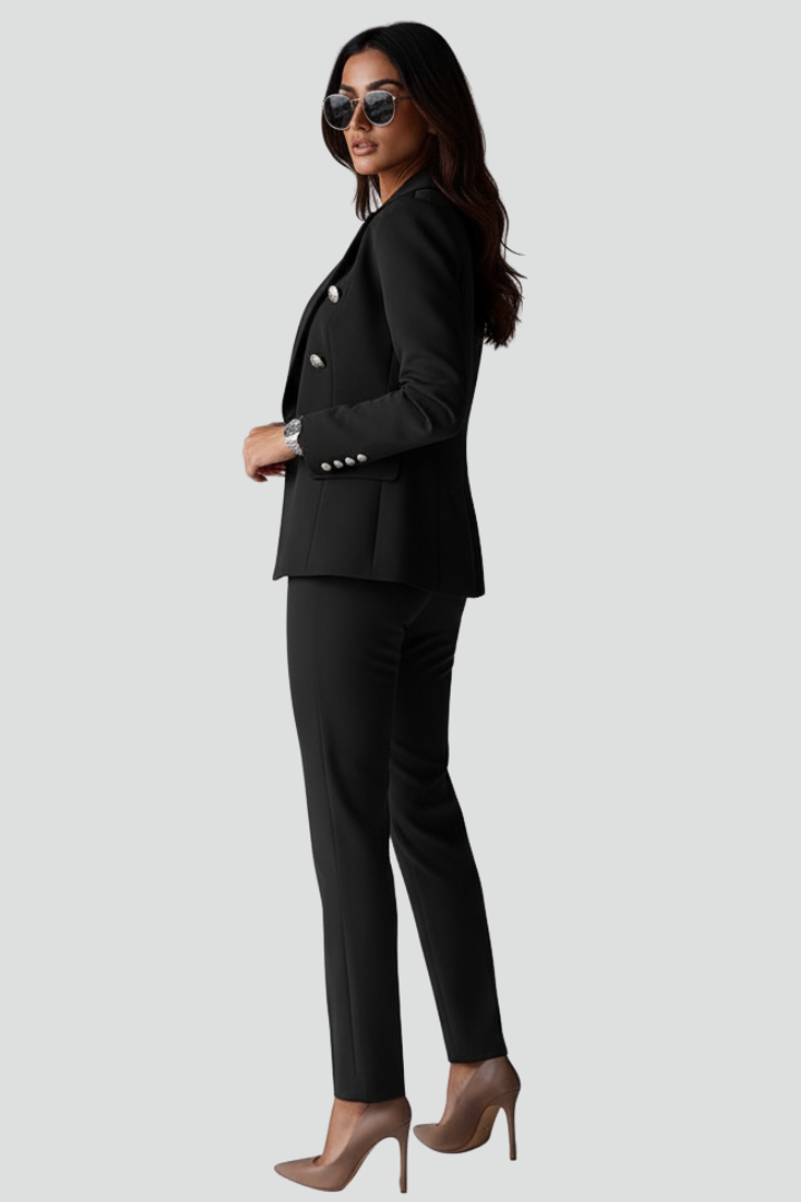 Women's professional suit set: double-breasted blazer & straight leg trousers. Essential business attire for formal events.