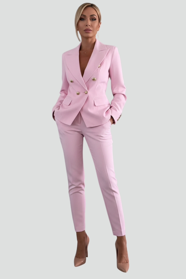 Tailored women's suit set: structured double-breasted blazer and classic straight leg trousers. Ideal professional wear.