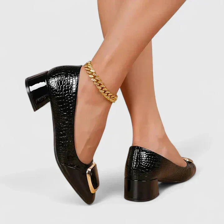 Professional women's comfortable block heel loafers, designed for all-day office wear, featuring a luxurious gold buckle.